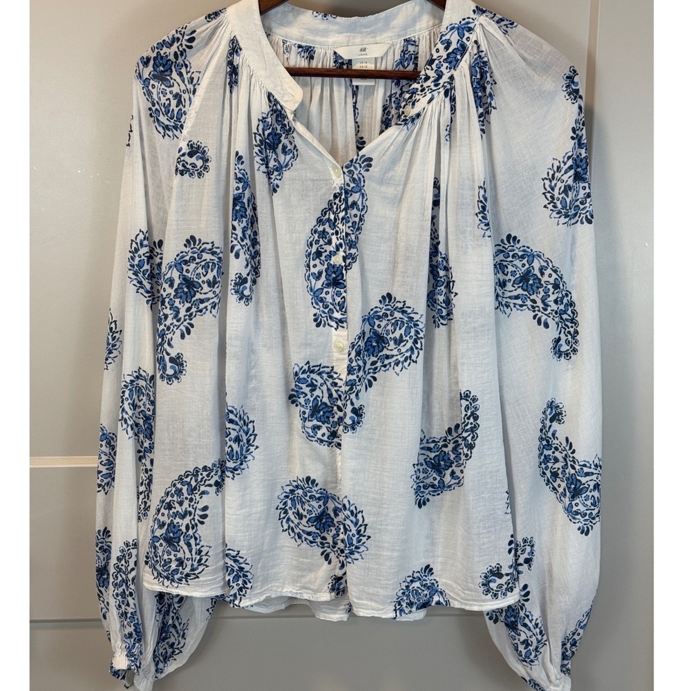 H&M White and Blue Paisley Print Peasant Blouse